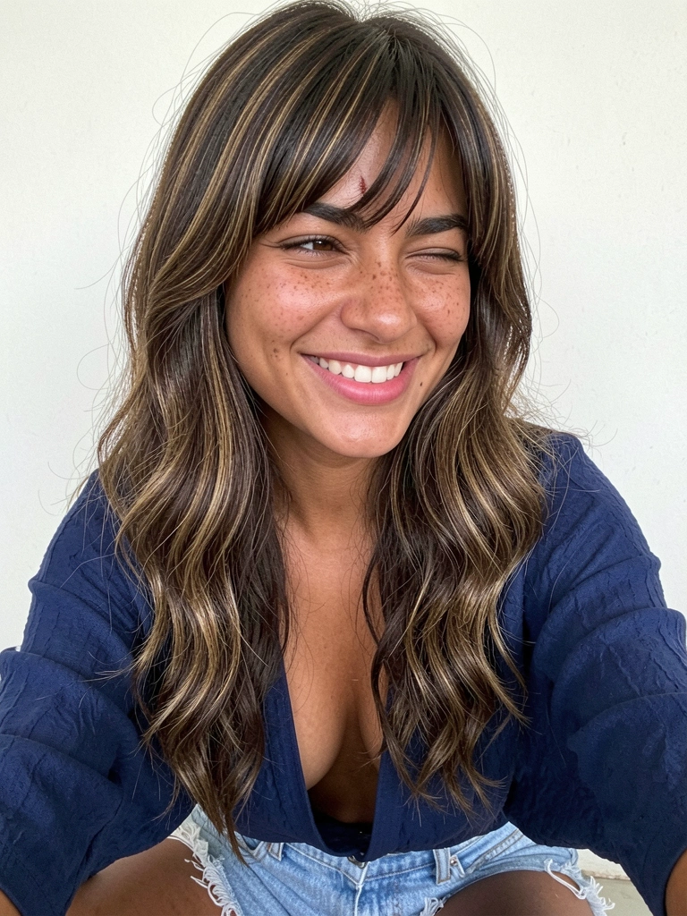 Cabelo longo com camadas leves e franja cortina, ondas soltas caindo sobre os ombros.