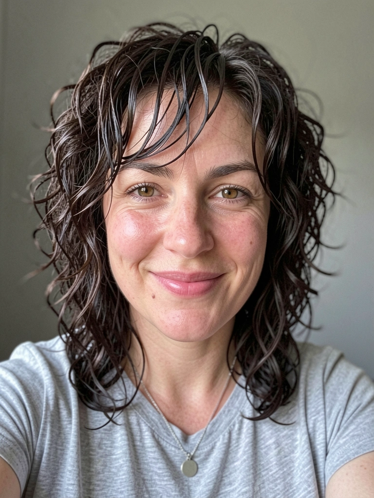 Cabelo cacheado com corte shaggy, com camadas que definem os cachos e reduzem o volume.