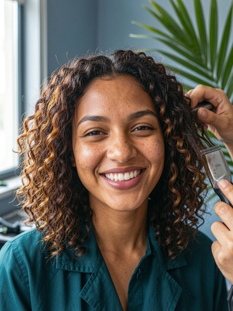 Cabeleireiro segura navalha e texturiza pontas de cabelo feminino.