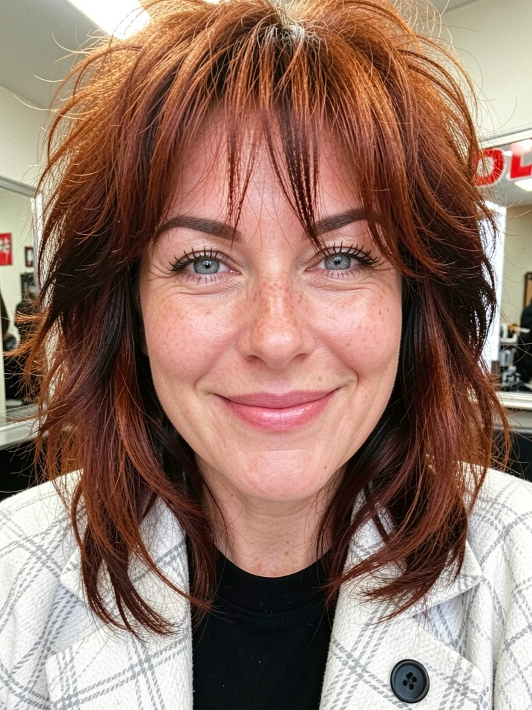 Colagem de fotos de celebridades com cabelo shaggy em décadas diferentes.