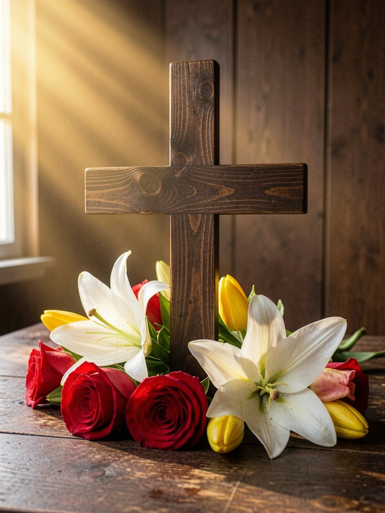 Cruz com raios de luz ao fundo e flores na base, simbolizando ressurreição.