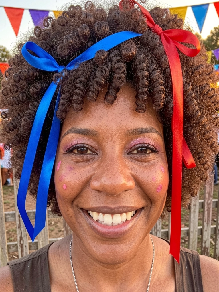Mulher com cabelo cacheado curto sorrindo em uma festa junina, com bandeirinhas ao fundo.