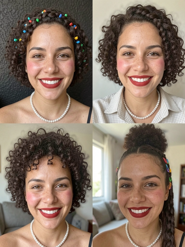 Colagem com cinco penteados cacheados curtos: coques, tranças e acessórios como laços e flores.