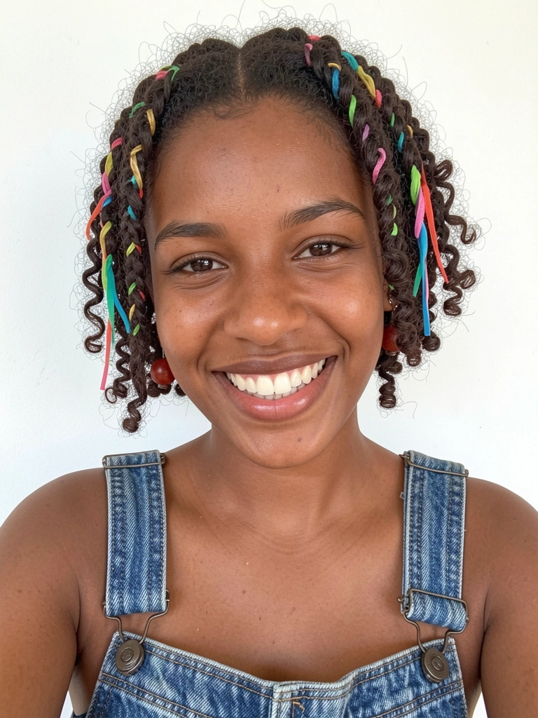 Cabelo cacheado curto adornado com tranças finas e fitas coloridas.