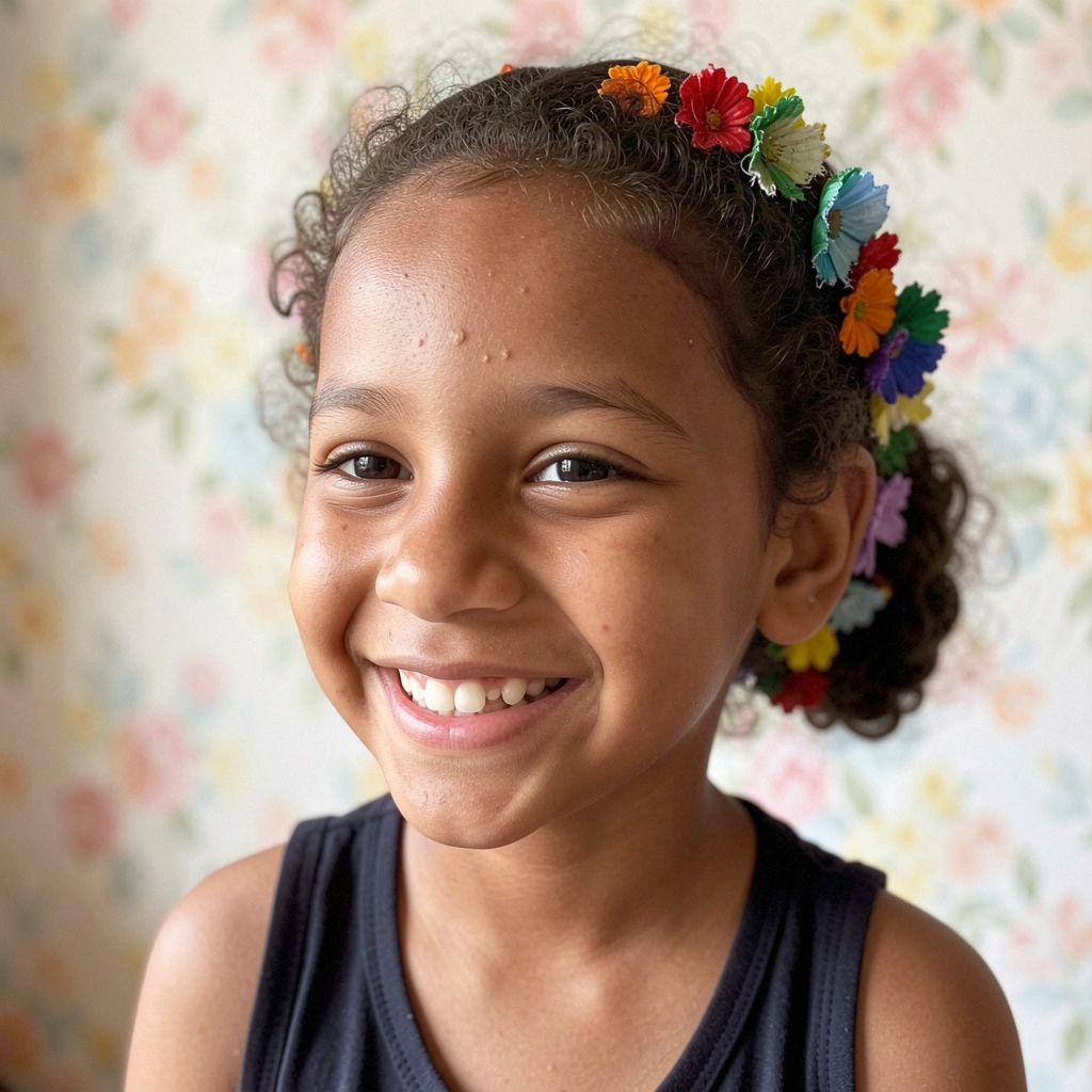 Coque baixo em cabelo cacheado decorado com flores artificiais coloridas.