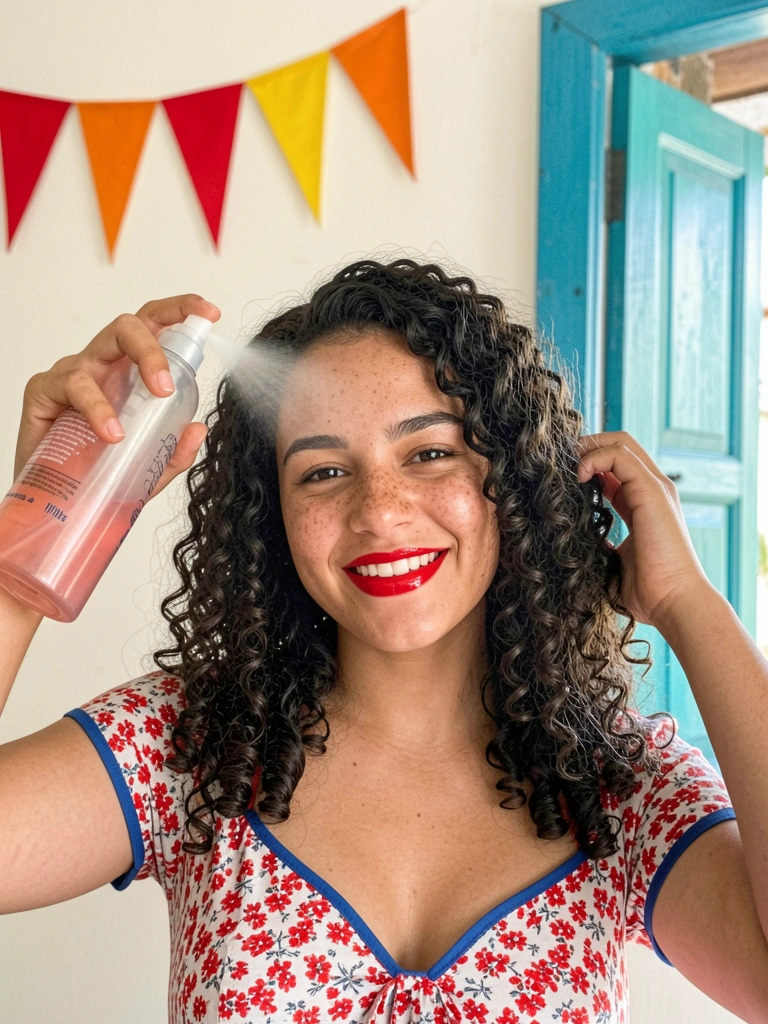 Mãos borrifando spray de fixação em cabelo cacheado curto.