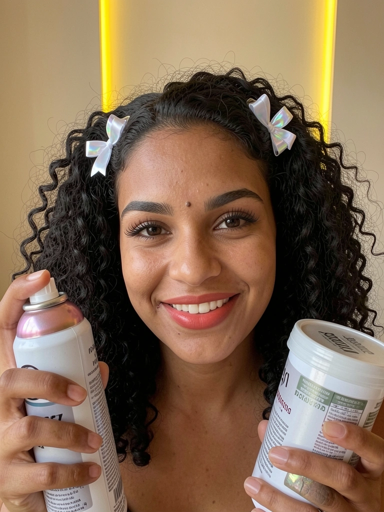 Spray texturizador e gel para cabelo cacheado sobre fundo neutro.