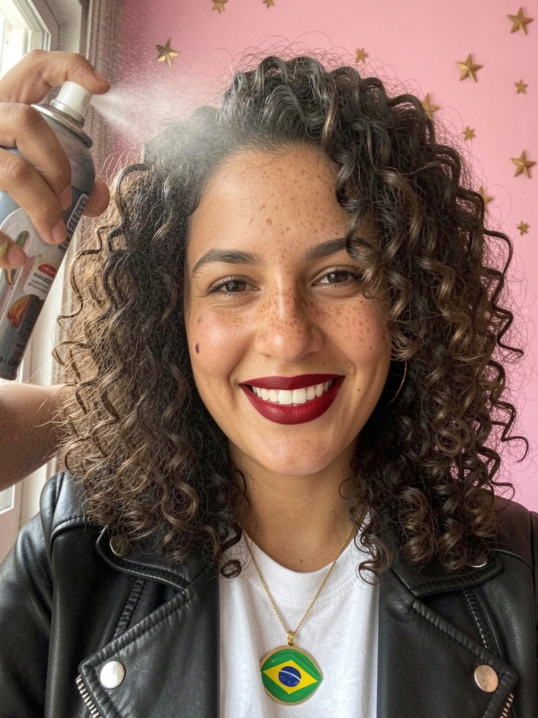Spray de fixação forte sendo borrifado em cabelo cacheado