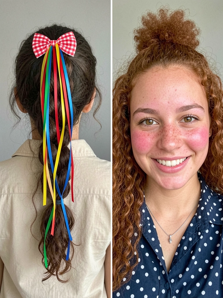 Laços de fita vermelha e xadrez presos em cabelo cacheado curto.