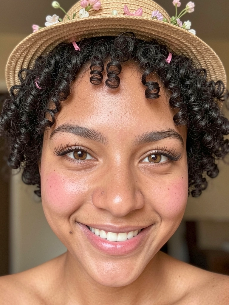 Mini chapéu de palha com flores preso em cabelo cacheado curto.