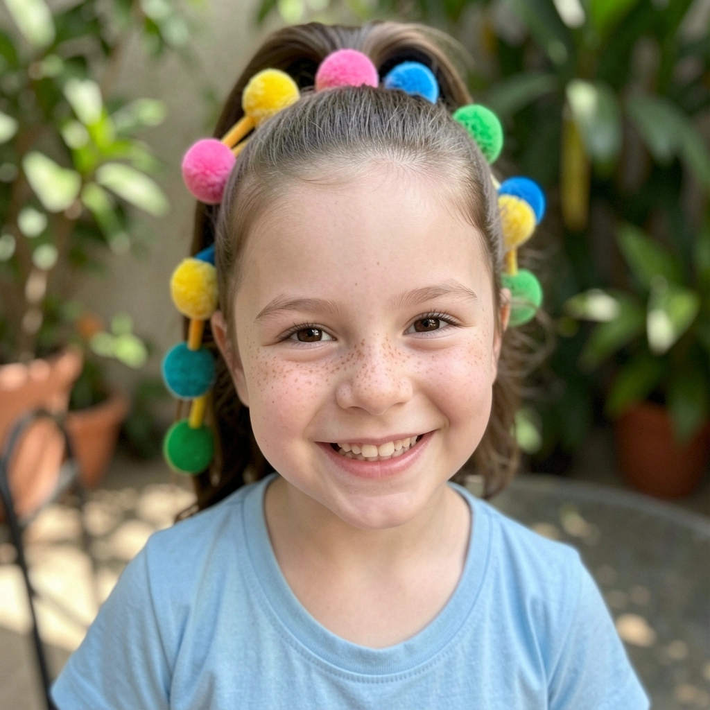 Menina com cabelo preso em rabo de cavalo decorado com pompons coloridos que imitam sorvete.