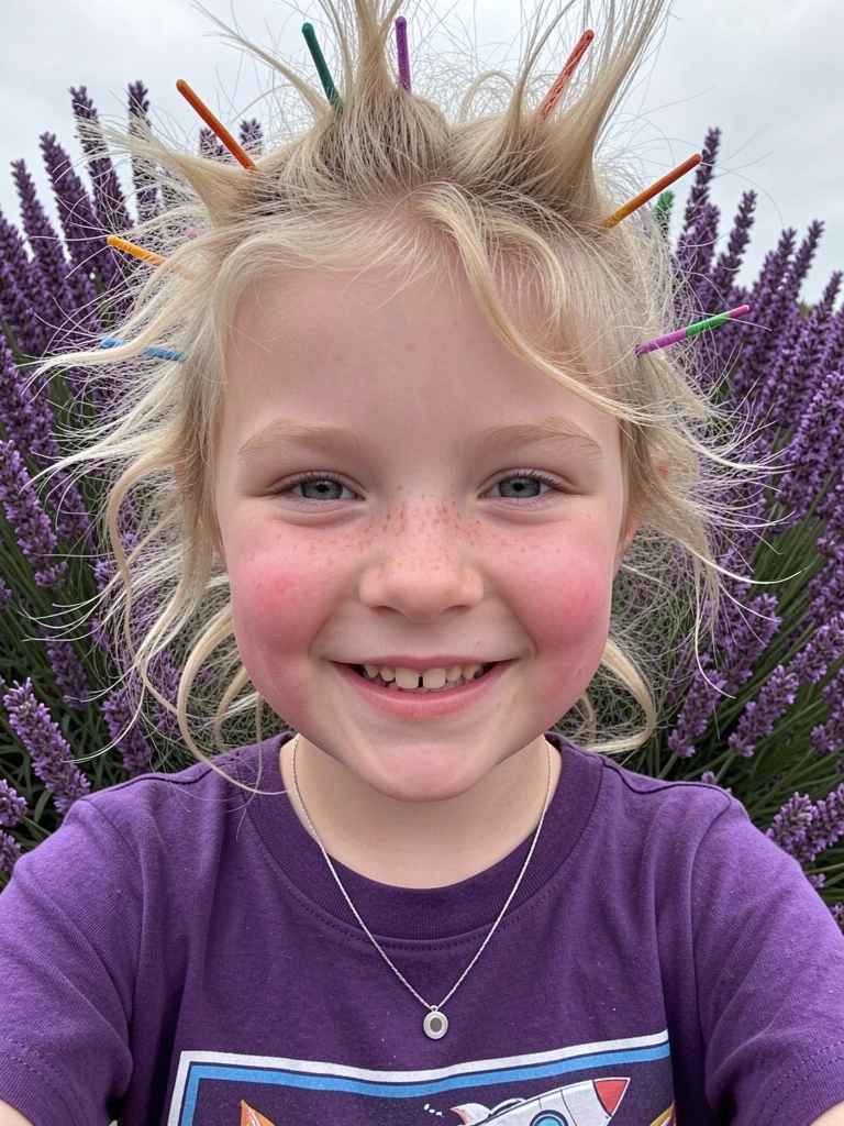 Cabelo espetado com gel e palitos de dente coloridos presos verticalmente.
