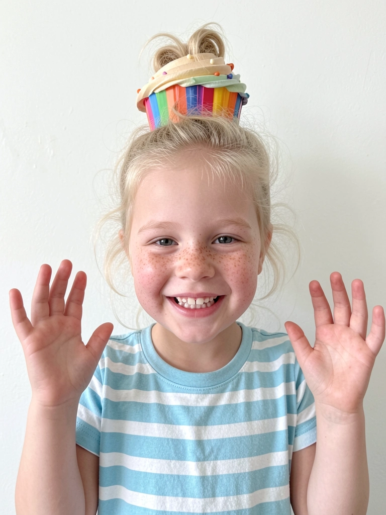 Cabelo infantil modelado como um cupcake, com forminha de papel rosa na base do penteado.