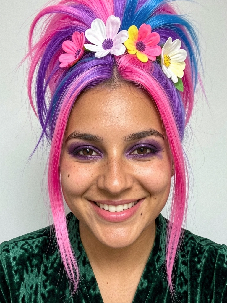 Menina com cabelo colorido em tons de rosa e azul, usando flores artificiais e sorrindo.