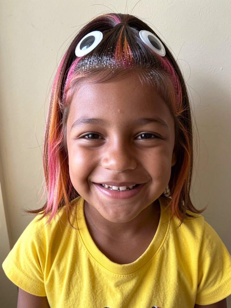 Cabelo liso com topete alto fixado por gel e spray colorido em tons vibrantes.