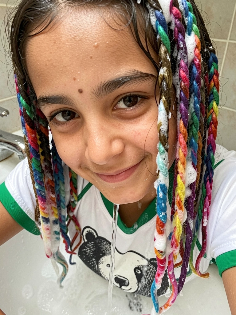Mãos ensaboam cabelo longo sob água corrente em um lavatório.