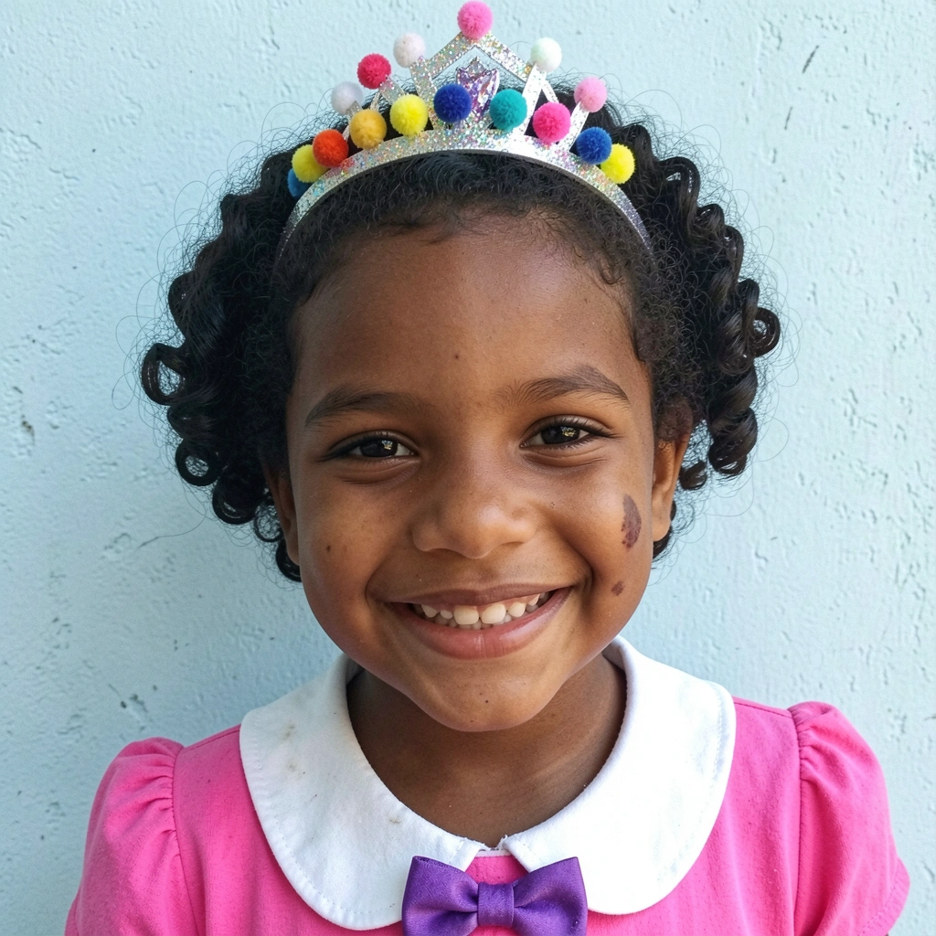Menina com cabelo curto usando tiara com pompons e glitter.