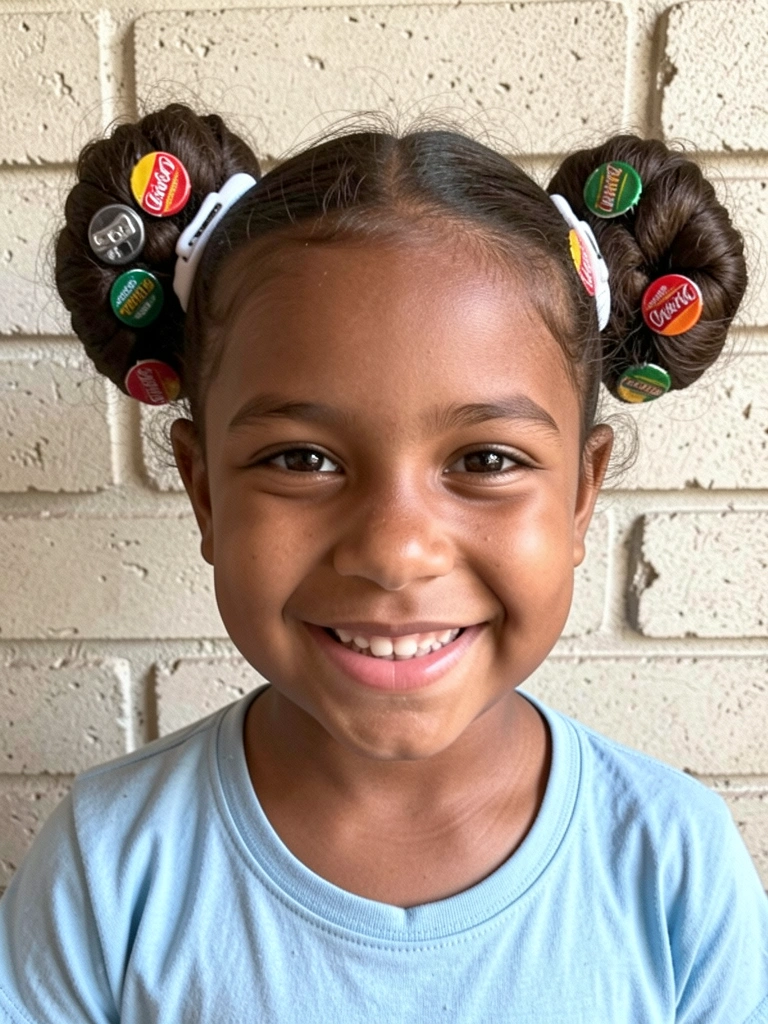 Menina com cabelo preso em coques e lacres de refrigerante prateados como enfeites.