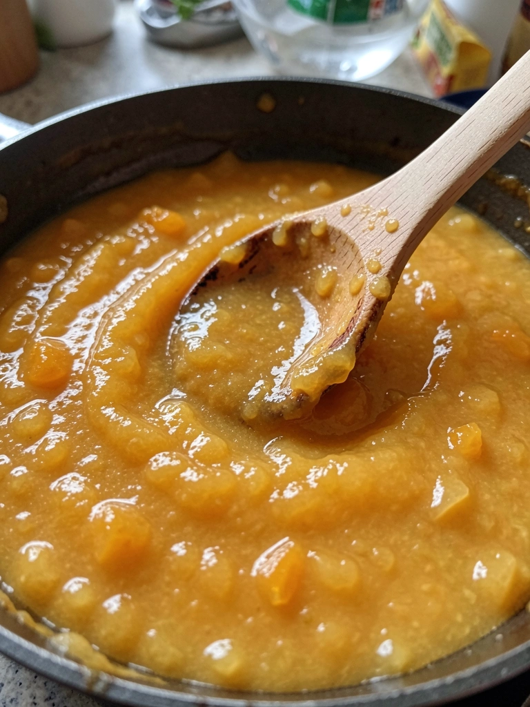 Colher de pau dentro de panela com doce de mamão cremoso, textura espessa e cor alaranjada.