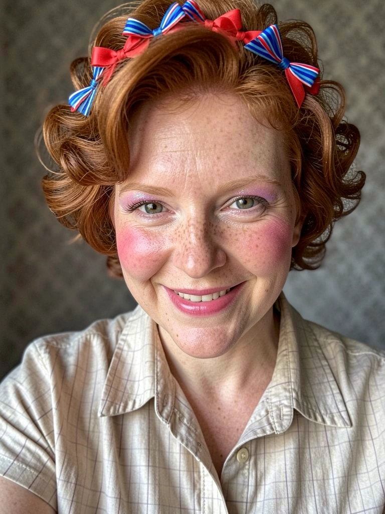 Mulher com cabelo curto e tiara de fitas coloridas