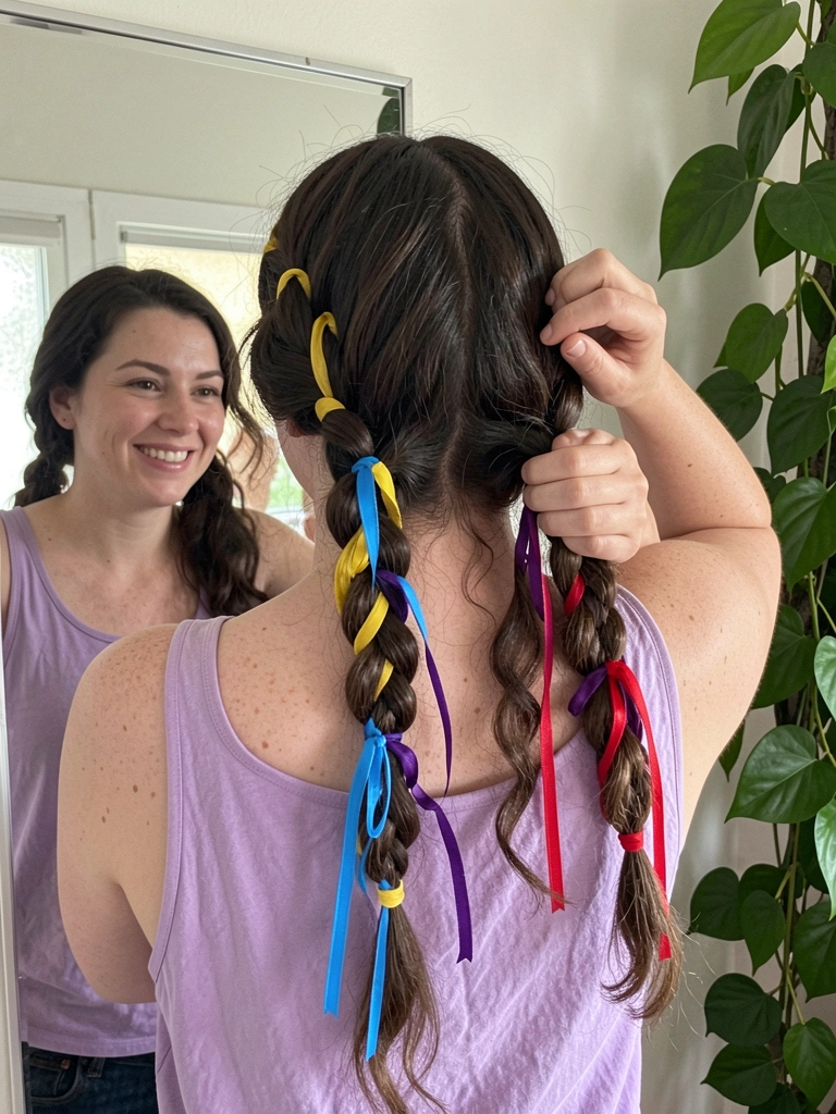 Mulher penteia o cabelo em frente a um espelho, segurando uma escova.