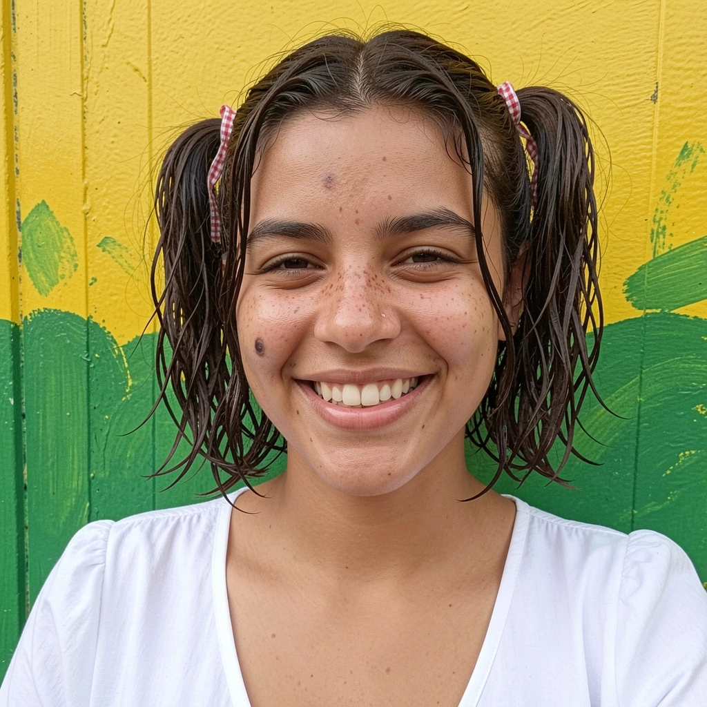 Mulher de cabelo curto com marias-chiquinhas e laço vermelho