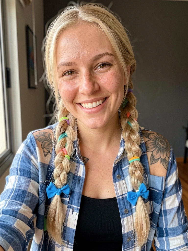 Cabelo preso em marias-chiquinhas com elásticos coloridos e laço vermelho.
