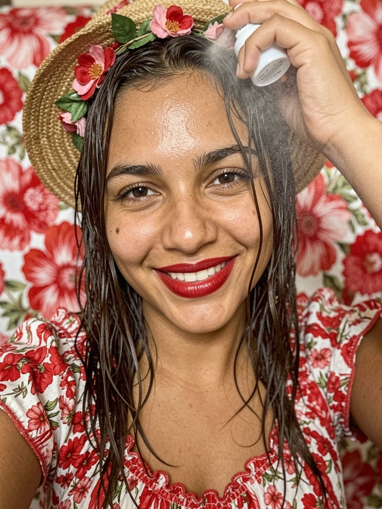 Mãos aplicando spray texturizador em cabelo liso, mechas sendo modeladas.