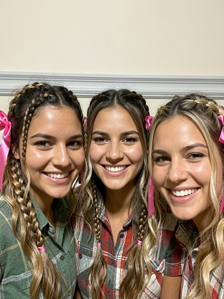 Três mulheres com penteados juninos modernos, incluindo tranças e flores.