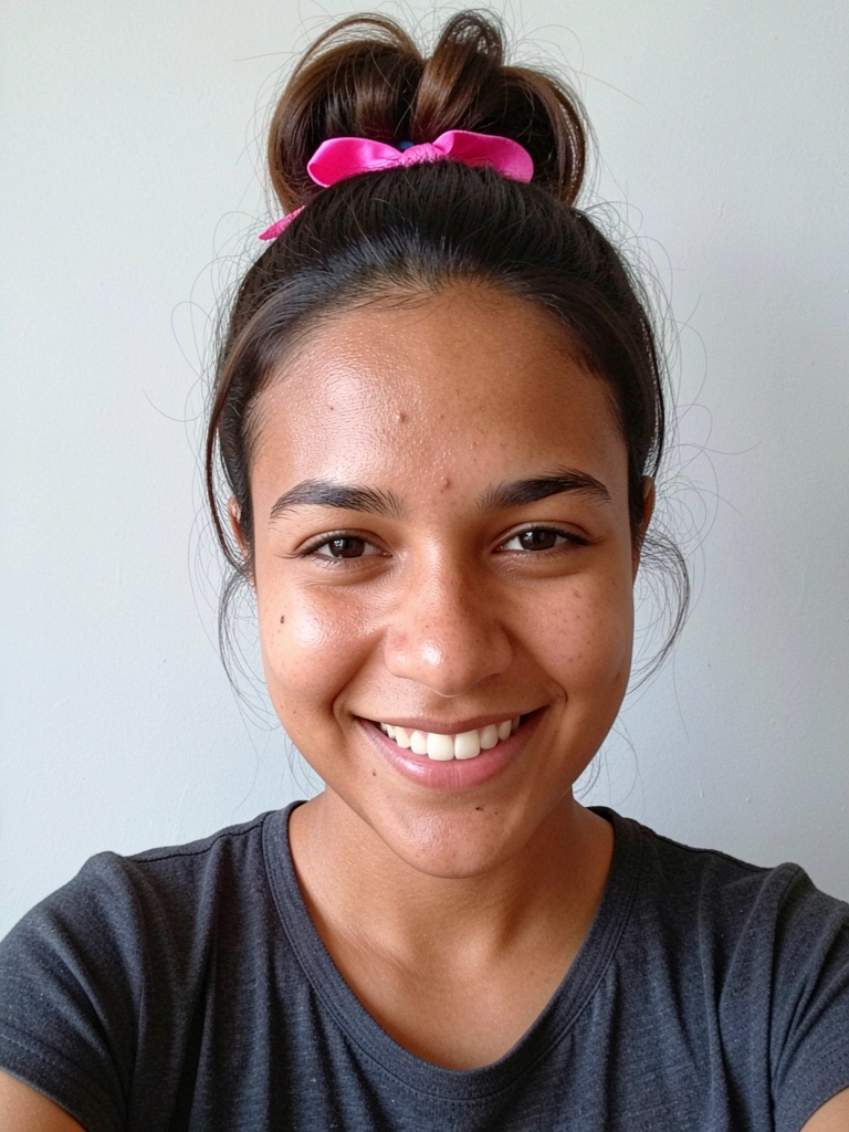 Mulher com coque alto preso por fita vermelha, feito de forma rápida e despojada.