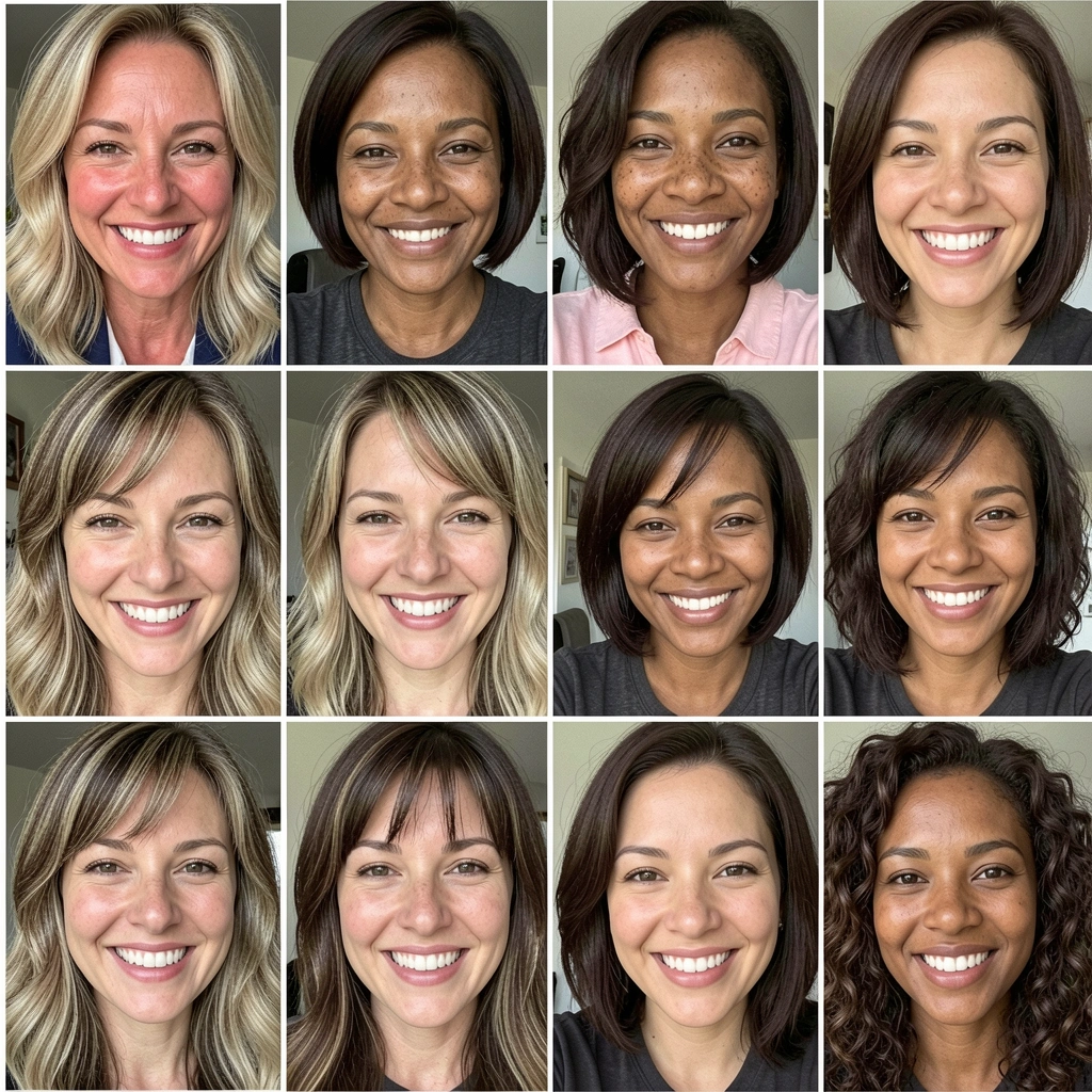 Colagem com quatro estilos de corte: blunt cut reto, camadas suaves, franja reta e franja desfiada sobre fundo neutro.