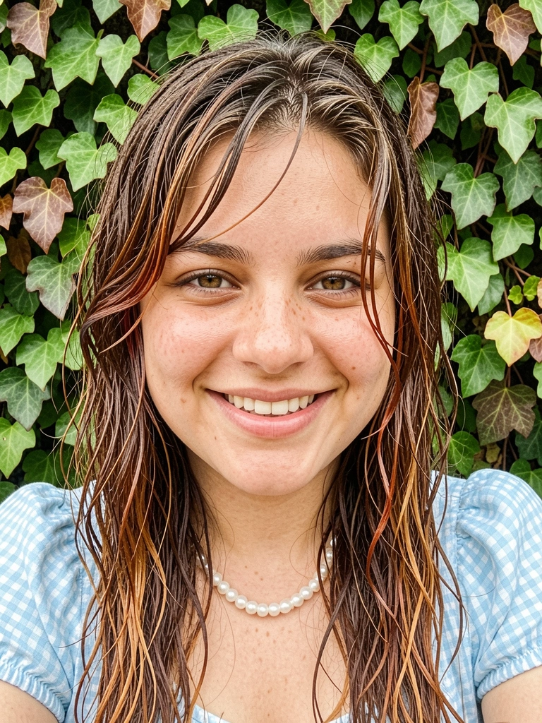 Corte longo com franja lateral em um rosto redondo, cabelo liso e castanho claro.