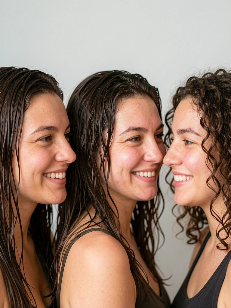 Três mulheres com diferentes texturas de cabelo: liso, ondulado e crespo.