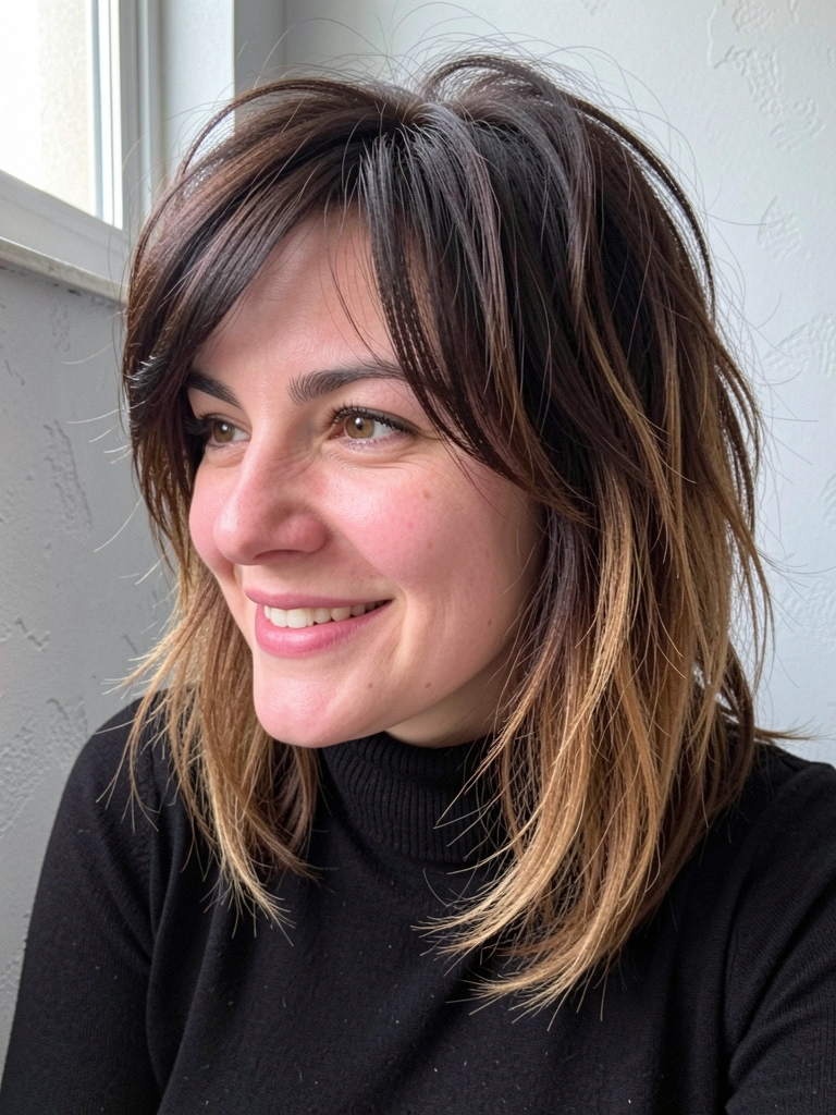 Corte jaca feminino com degradê e luzes loiras, cabelo médio com textura ondulada.