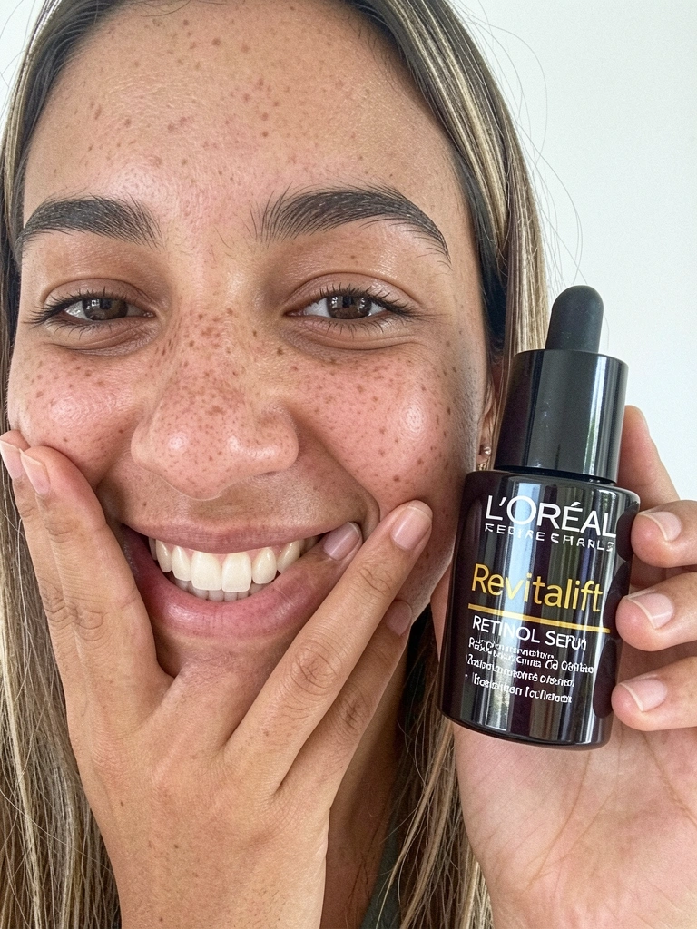 Mulher aplica sérum de retinol no rosto, close-up com foco na textura do produto.