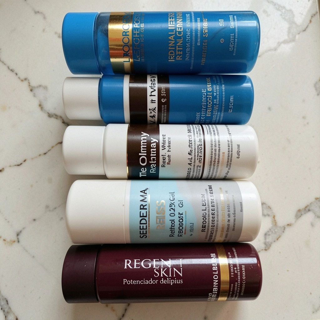 Frascos de retinol sobre bancada de mármore com iluminação natural.