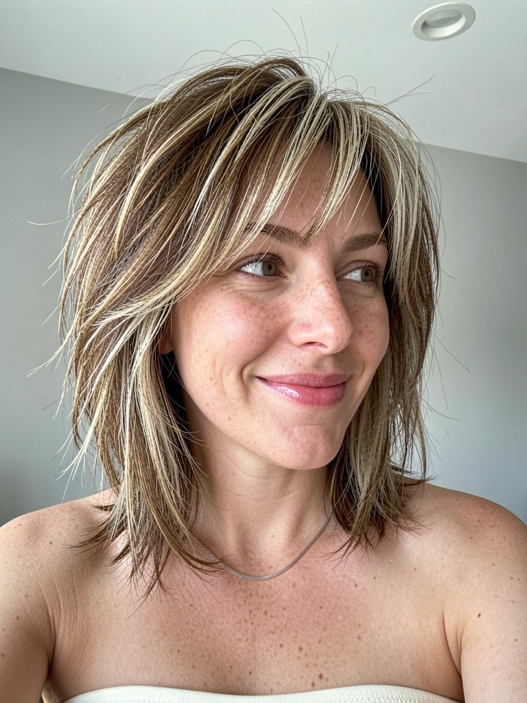 Mulher com cabelo texturizado olhando para o lado, com foco no corte e na textura dos fios.