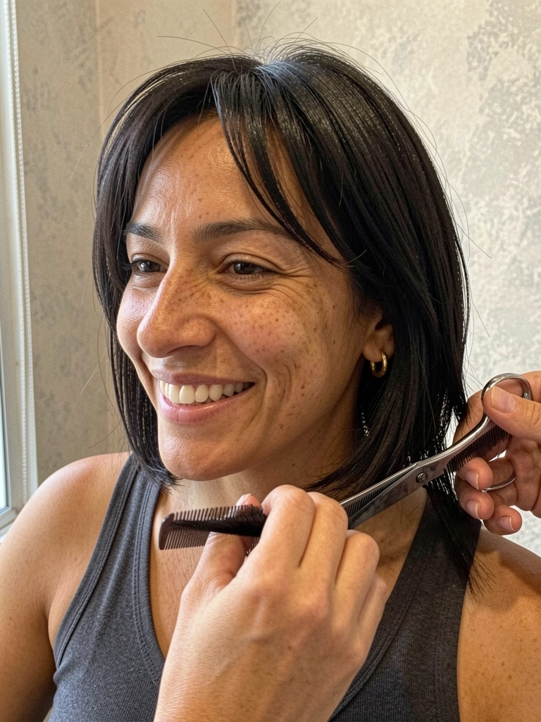 Mãos de cabeleireiro segurando tesoura e pente, finalizando um corte de cabelo feminino.