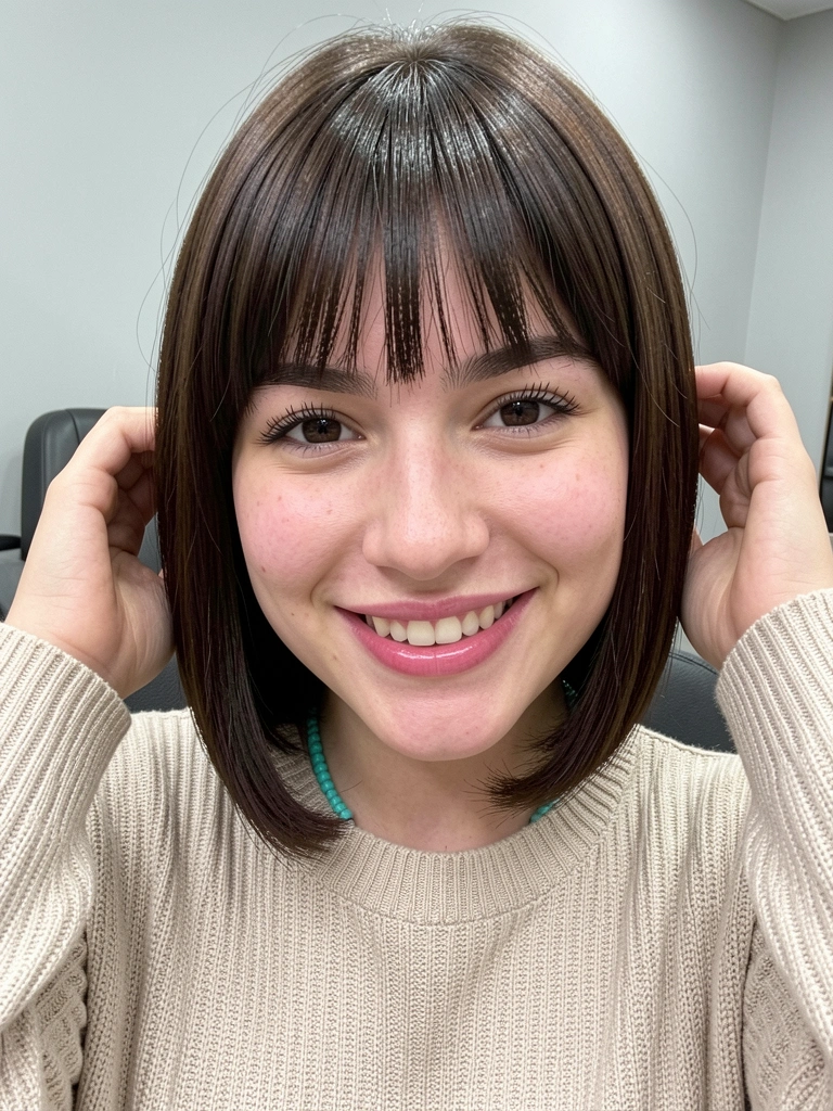Mulher com cabelo curto estilo french bob arredondado e franja reta, olhando para o lado.