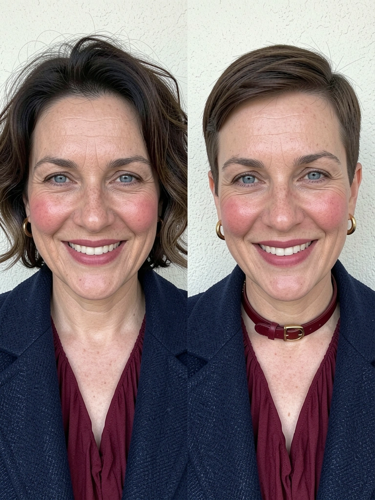 Comparativo lado a lado de dois cortes de cabelo femininos, um curto e um médio, com texturas e finalizações distintas.
