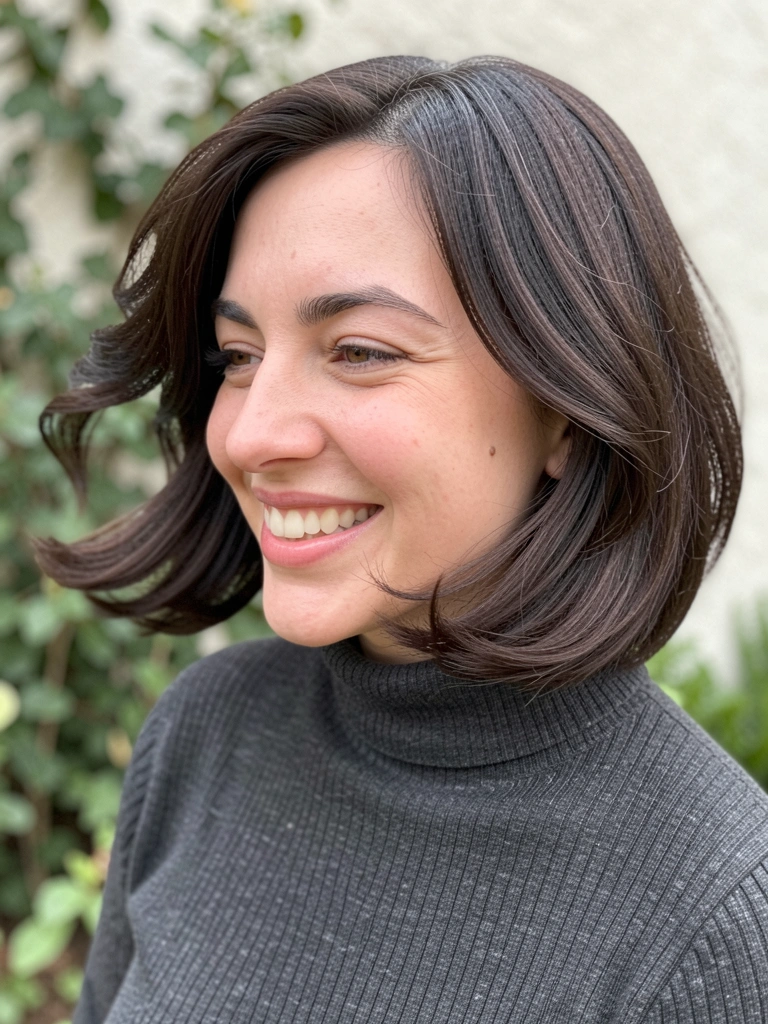 Mulher com cabelo curto estilo Riviera Bob balançando os fios.