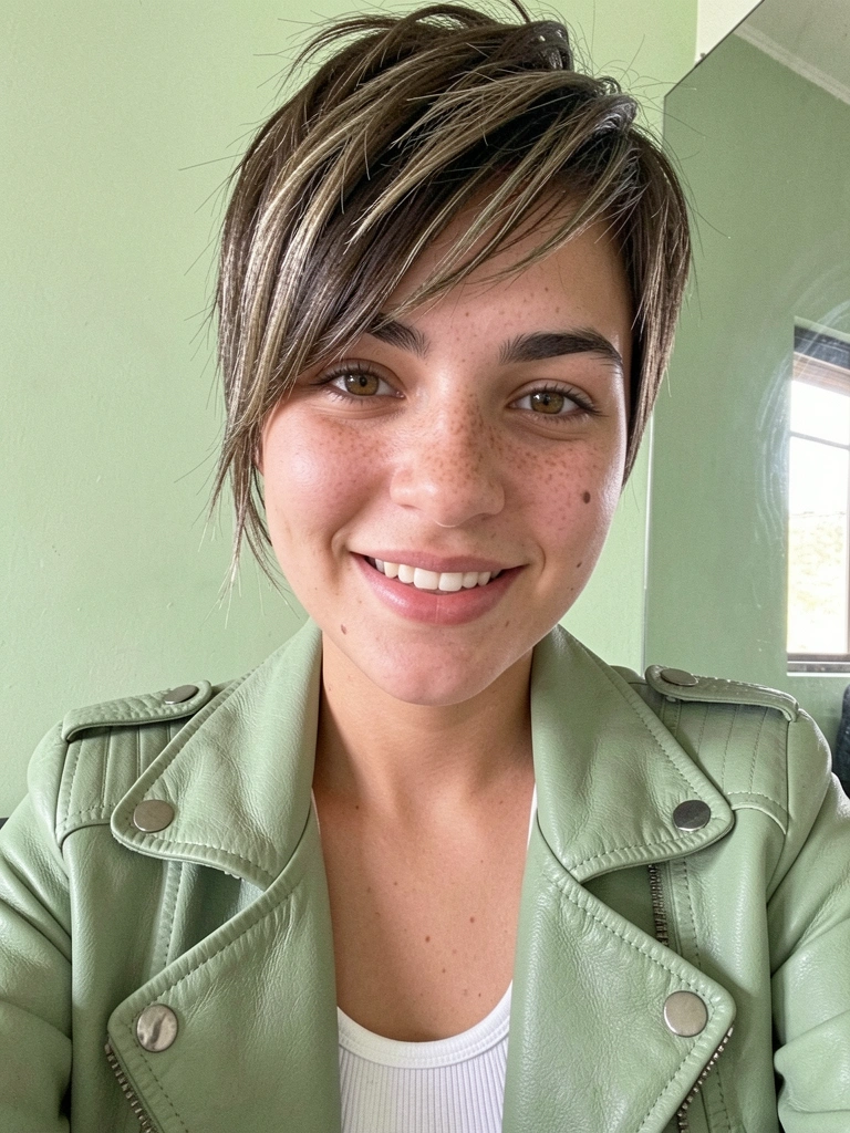 Mulher com cabelo curto, corte pixie com franja longa e textura, fios bagunçados.