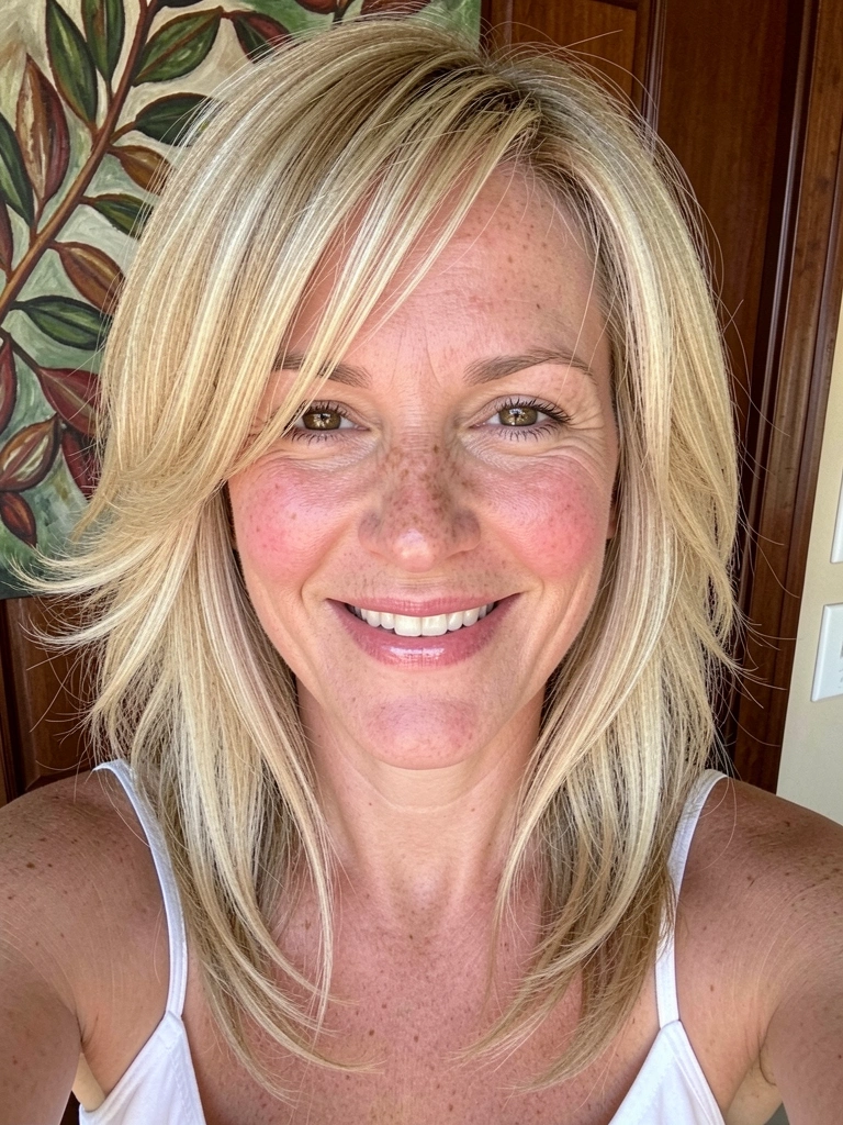 Corte de cabelo feminino com camadas longas na frente e comprimento mais curto atrás, estilo mullet sutil.