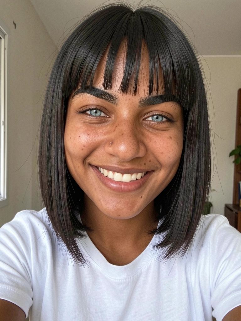 Corte reto com pontas desfiadas em cabelo liso escuro, iluminação suave destacando o alinhamento dos fios.