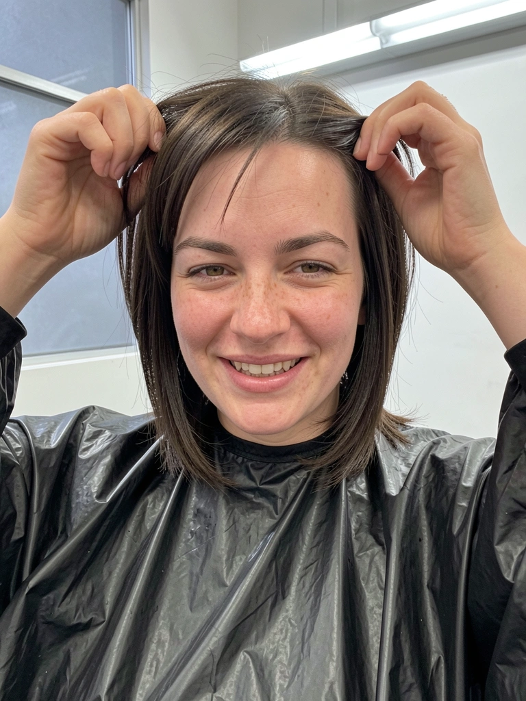 Mulher arrumando o cabelo mullet com os dedos, mechas texturizadas e franja curta.