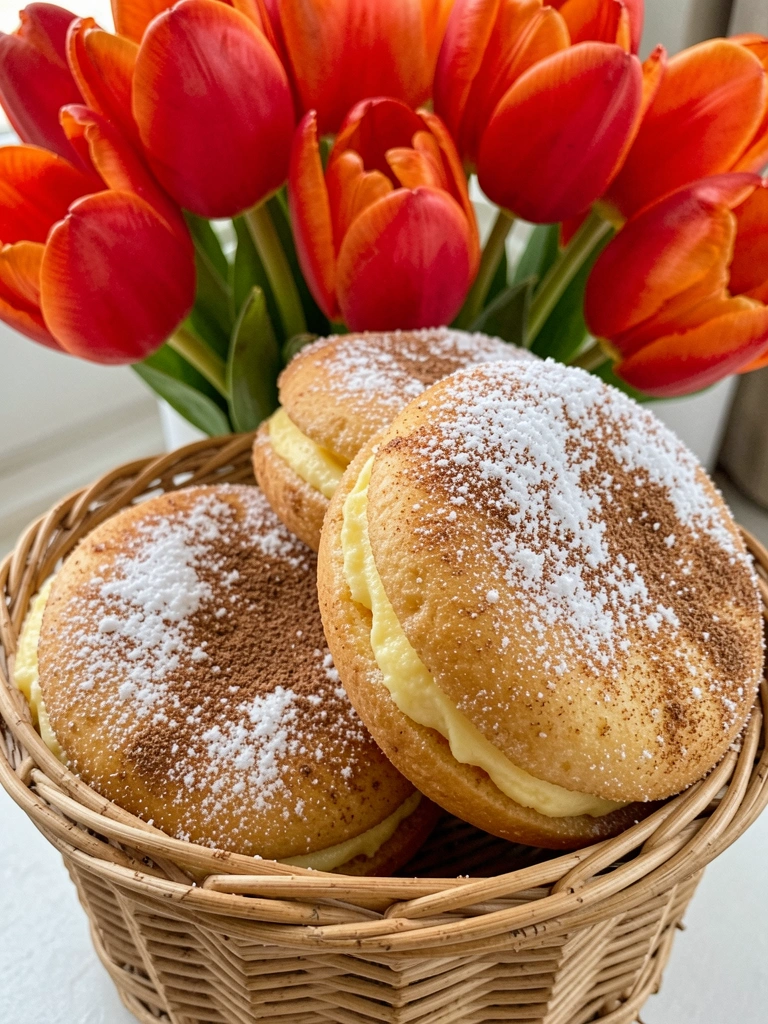 Cesta de sonhos doces fritos polvilhados com açúcar e canela.