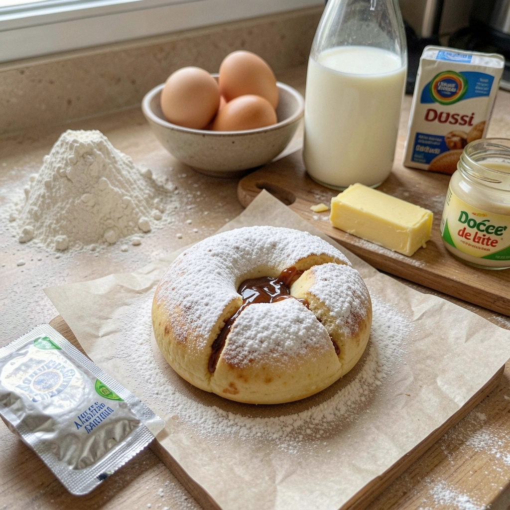 Farinha, ovos, leite, manteiga, fermento e doce de leite sobre uma bancada de cozinha.