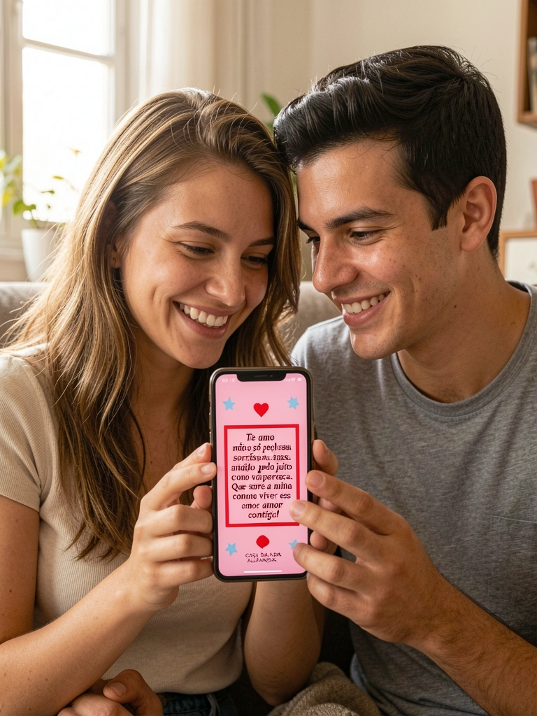 Casal sentado em um sofá, trocando um celular com uma mensagem romântica na tela.