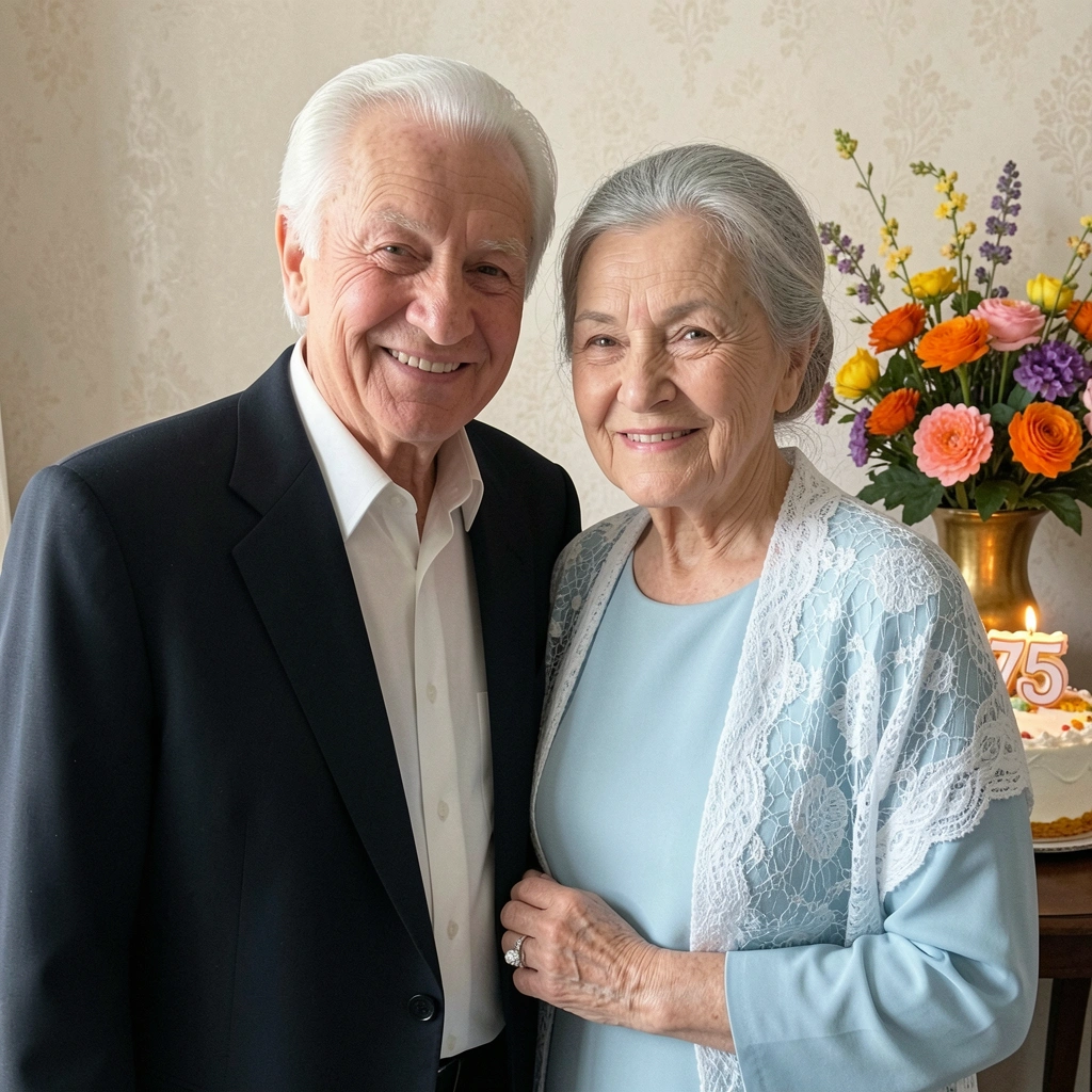 Casal de idosos sorrindo, com aliança de diamante e bolo com número 75 ao fundo.