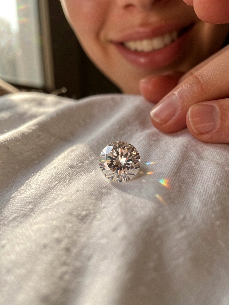 Diamante bruto iluminado por luz, com reflexos que formam um brilho intenso.